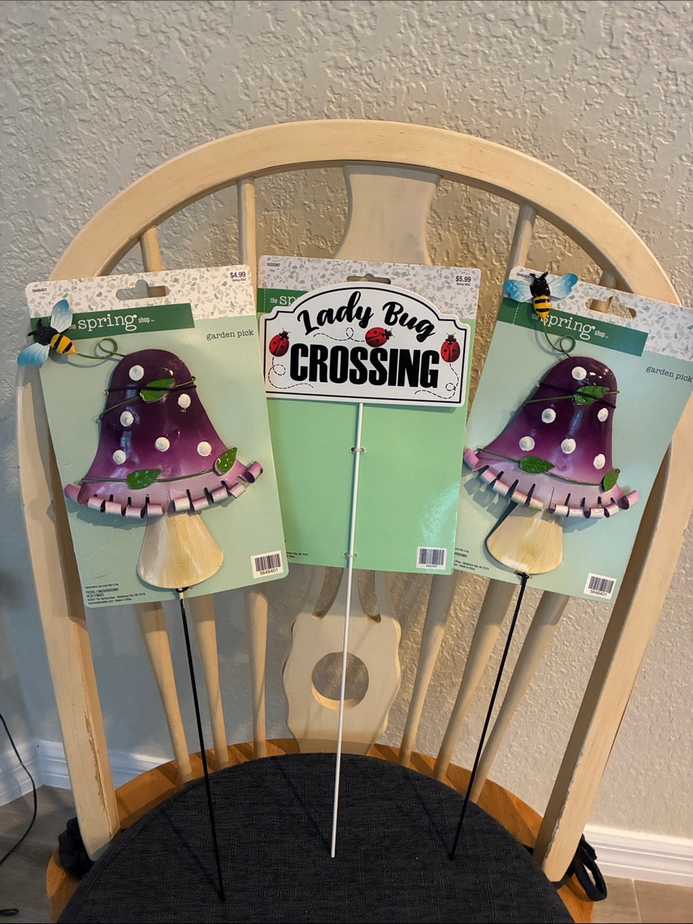 2 Spring Garden Purple Mushroom picks and a lady bug crossing pick bundle nwt